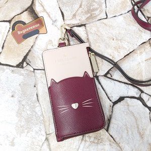 Meow Colorblock ID Card Case L Zip Lanyard Wallet Pink Multi NWT Kate Spade